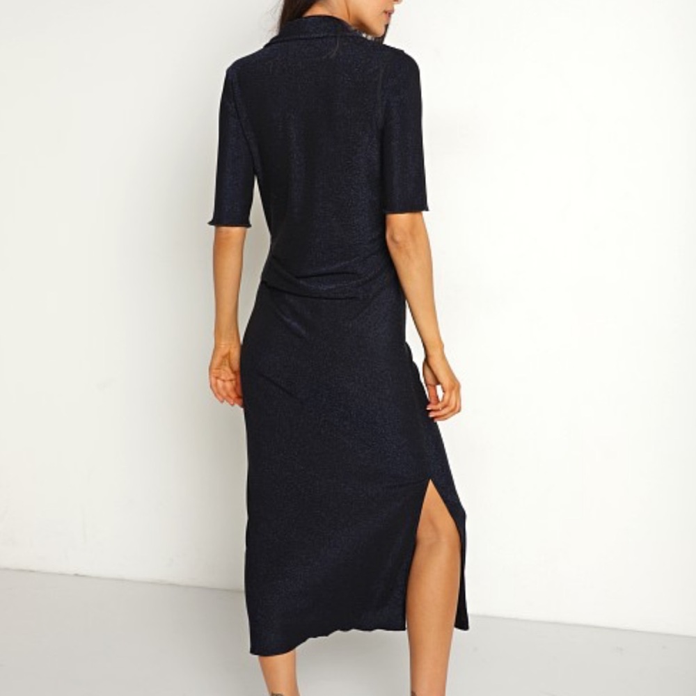 PISTOLA Vita Polo Dress Navy Shimmer Midi Short Sleeve Side Gather, Slits Sz S - Picture 3 of 15